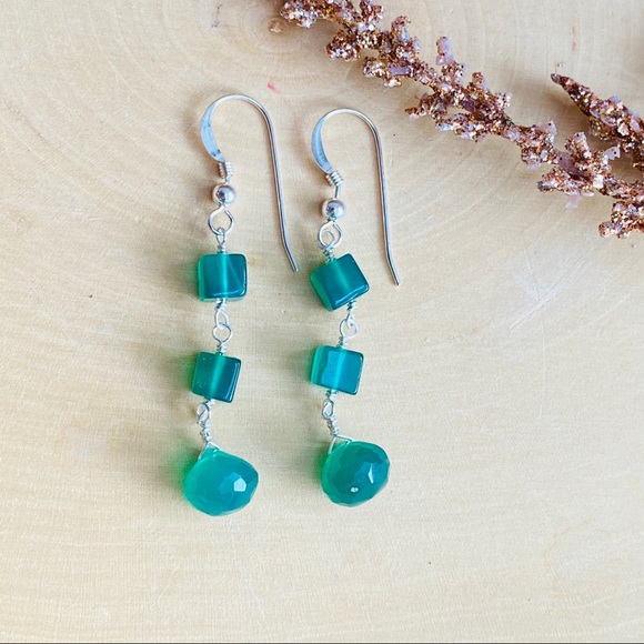 Emerald Green Onyx Sterling Silver Dangle Earrings - Picture 5 of 8